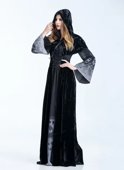 

Gothic Witch Dress Ghost Skull Print Devil Black Floor Length Fancy Party Dress For Women Autumn Winter Halloween Party Dress