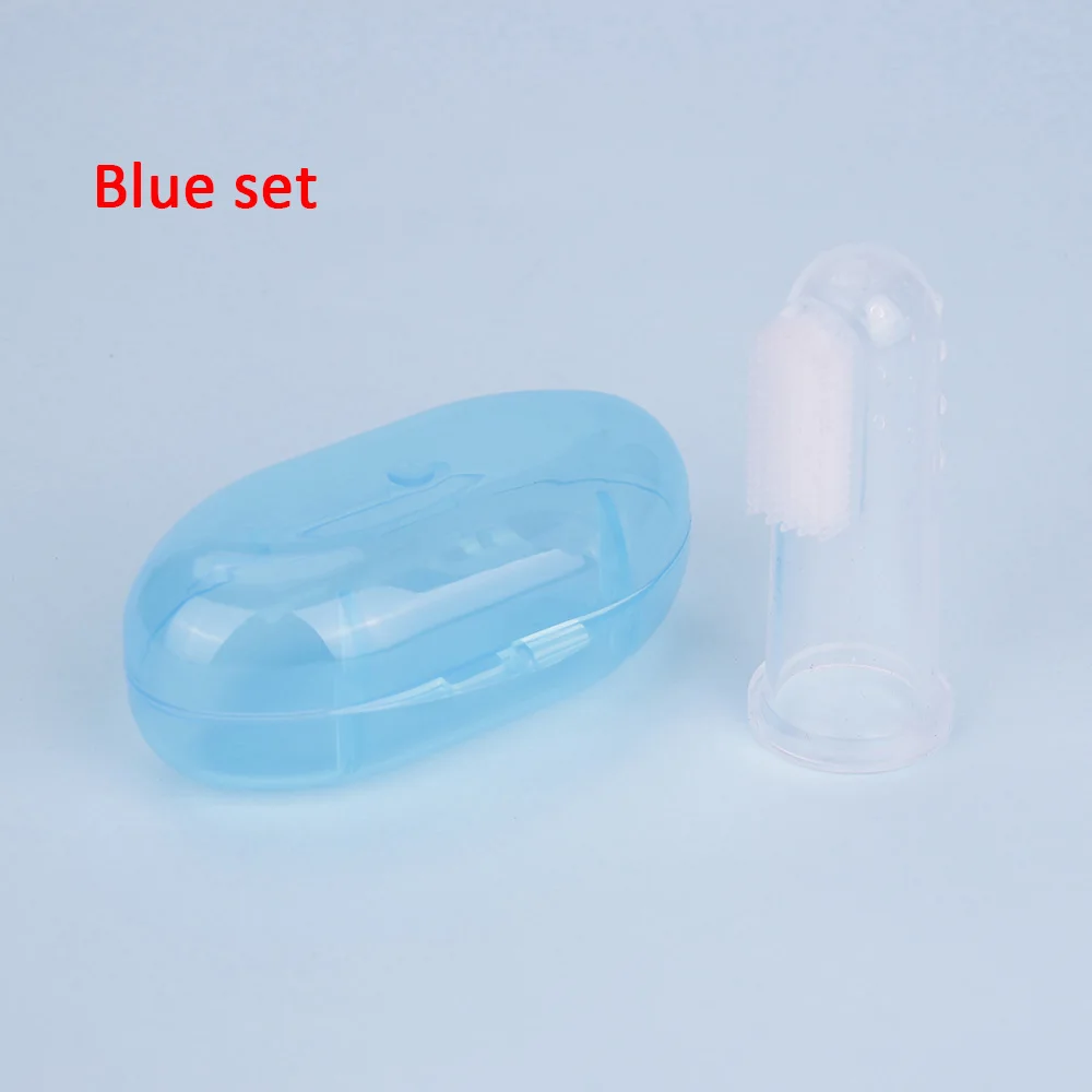 Blue set Quaslover детская зубная щетка для пальцев для младенцев, Силиконовая зубная щетка для детей, Чистящая Щетка для детей, прозрачная Массажная щетка, контейнер, коробка - Цвет: Blue set