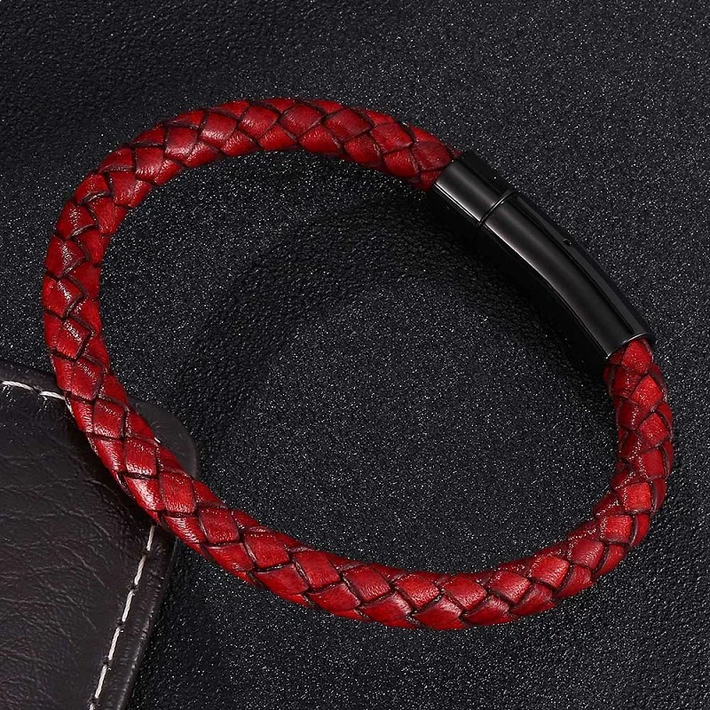 Винтажные Ювелирные изделия для женщин и мужчин, античный красный плетеный кожаный браслет из нержавеющей стали, плетеные браслеты, браслет на запястье, подарки ST0451