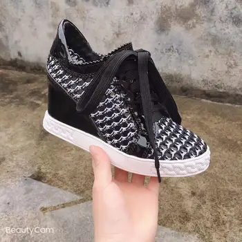 

High Heel Wedge Platform Women Shoes Brand Design Lace-Up Hollow out Women Sneaker Genuine Leather Women Casuals Shoes