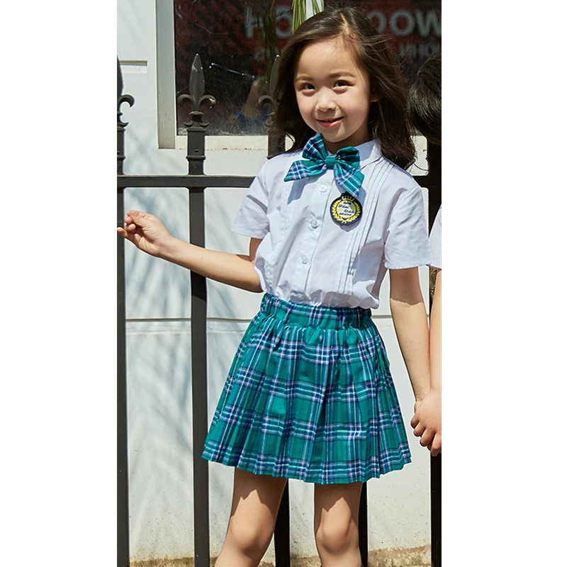 Girl Green Set Модная школьная форма для детей ростом от 90 до 180 см в корейском японском стиле; Классная одежда; топ; клетчатая юбка; галстук; сценические костюмы для детей - Цвет: Girl Green Set