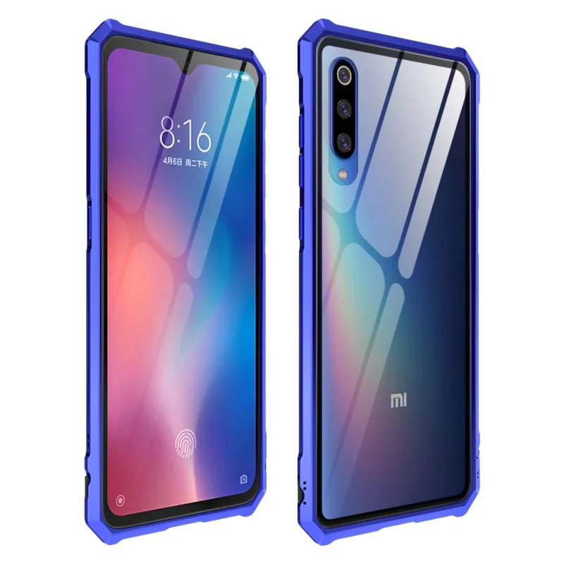 Роскошный Алюминиевый металлический бампер чехол Xiaomi mi 9 чехол mi 9 чехол противоударный прозрачный закаленное стекло задняя крышка Xiaomi mi 9 чехол - Цвет: Blue