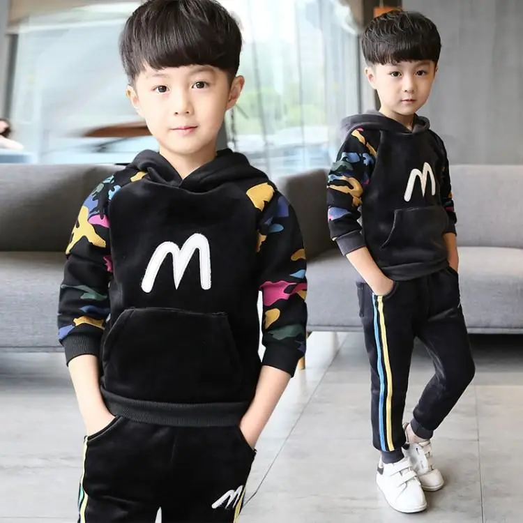 

Children's Golden Velvet Clothing Set Boys Fall Winter Sportwear Clothes Twinset Kids Handsome Sports Suit Hoodies + Pants B384