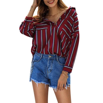 

2019 autumn and winter large pocket striped shirt blouse shirt
