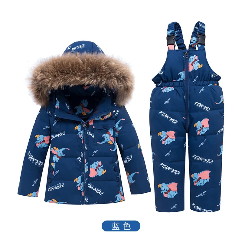 Kids Winter Down Parkas New Girls Ski Suits Cotton Cartoon Thick Warm Hoodies+bib Pants 2pcs Outfits For Boys Children Snowsuit - Цвет: Navy Blue
