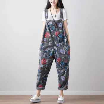 

NINI WONDERLAND Women Denim Overalls Jeans Print Floral Vintage 2020 Spring Ripped Hole Jumpsuit Pants Ladies Retro Jeans Romper