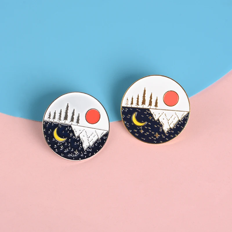 

Round Adventure Pin Sun Moon Mountain Moonlight Star Forest Nature Round Enamel Pins Button Badge Travel Brooch Outdoorsy Gifts