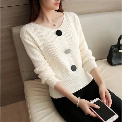 

White Korean New Fall Winter Office Lady Vest Pullover Soft Sweater Women's Big Button Sweater Women Girl Pull Slim Top Cloth