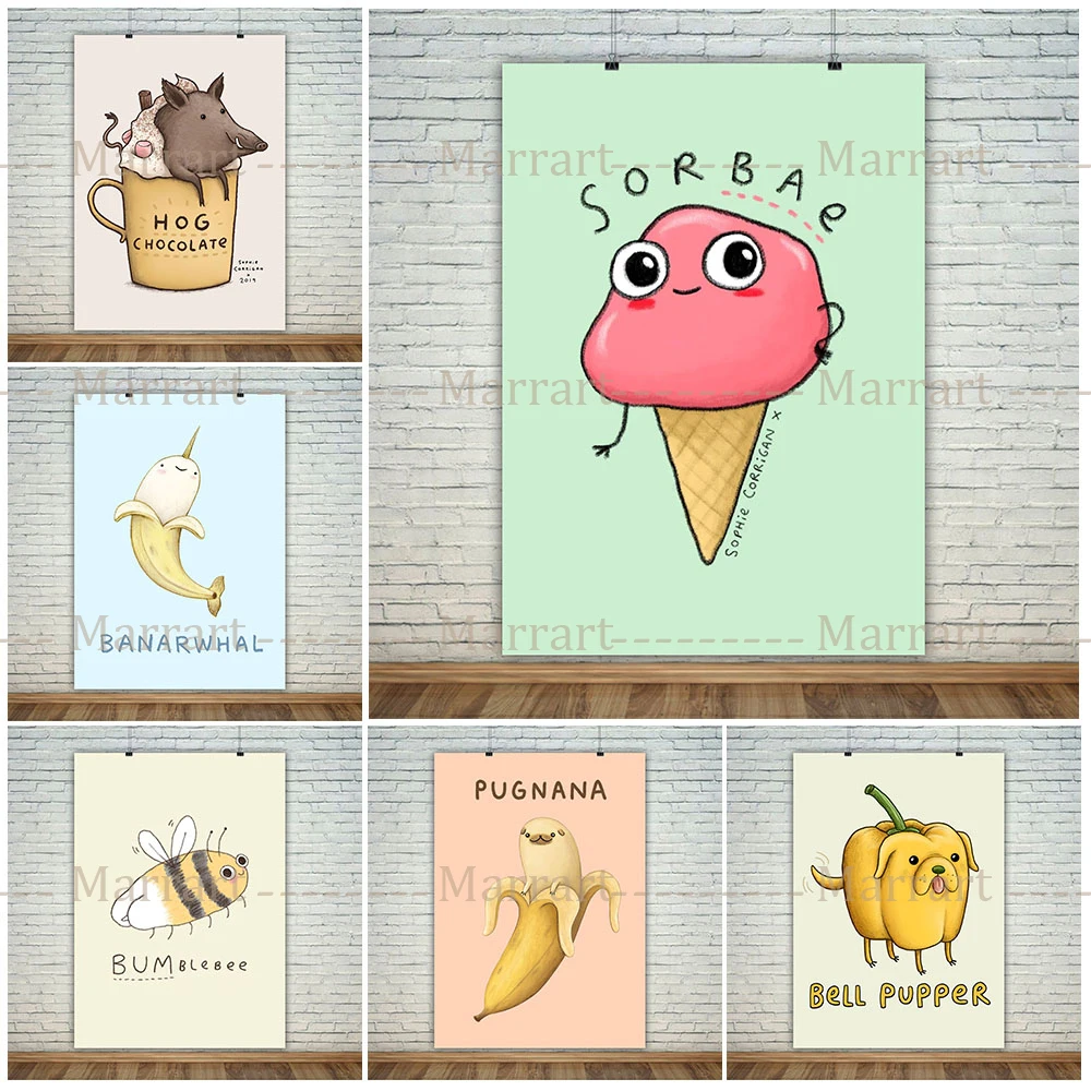 

Combination Of Fruits, Vegetables And Animals Wall Art Canvas Poster And Print Lovely Cartoon Vegetable Nursery Decor Painting