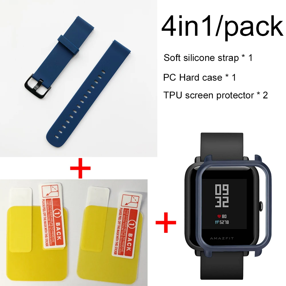 Navy blue-navy blue 4в1 мягкий силиконовый спортивный ремешок для Xiaomi Huami Amazfit Bip Смарт-часы цветной браслет с PC чехол Защитная крышка экрана - Цвет: Navy blue-navy blue