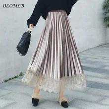 OLOMLB осень зима женские элегантные кружевные лоскутные бархатные длинные плиссированные юбки с высокой талией Harajuku тюлевые юбки а-силуэта для женщин