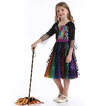 

Rainbow Witch Costume With Hat Girls Glitter Star Wicked Princess Dress Girl Fairytale Pretend Set Kids Party Dress