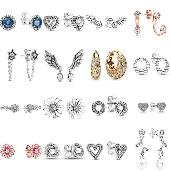 

NEW 2019 100% 925 Sterling Silver Heart-shaped Sparkling Angel Wing Stud Earrings Fit DIY Women Original Fashion Jewelry Gift