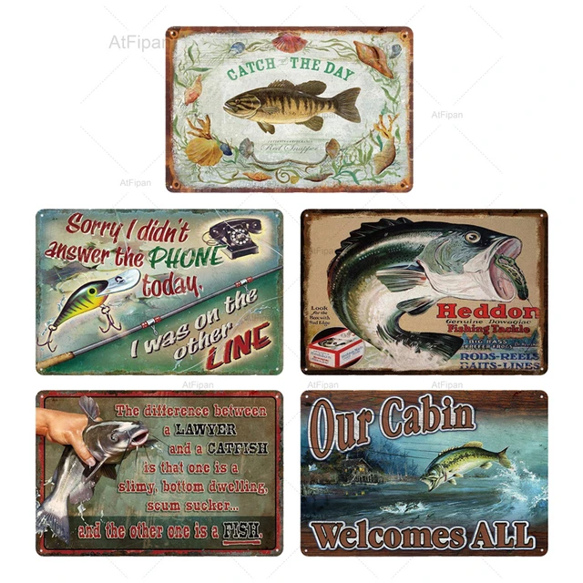 Fishing Decor Vintage Tin Sign Retro Metal Sign Wall Decor for Lake House  Cabin Fishing Gift