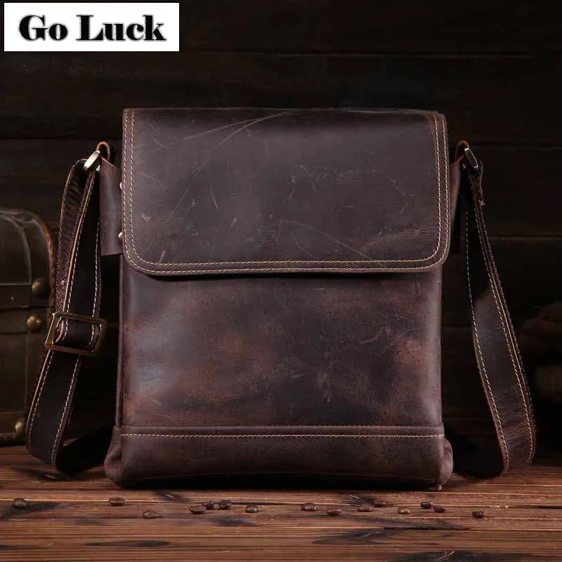 

GO-LUCK Brand Crazy Horse Genuine Leather Handmade Business Ipad Pack Men's Crossbody Shoulder Bag Men Cowhide Messenger Bags
