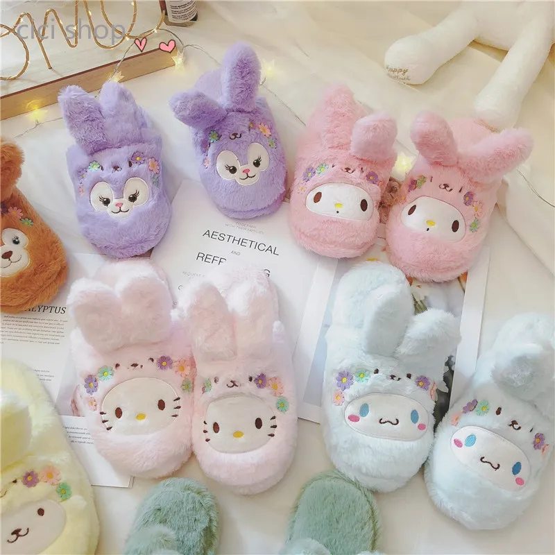 Zapatillas de conejo para interior para niña, pantuflas antideslizantes impermeables de algodón, parte inferior de goma