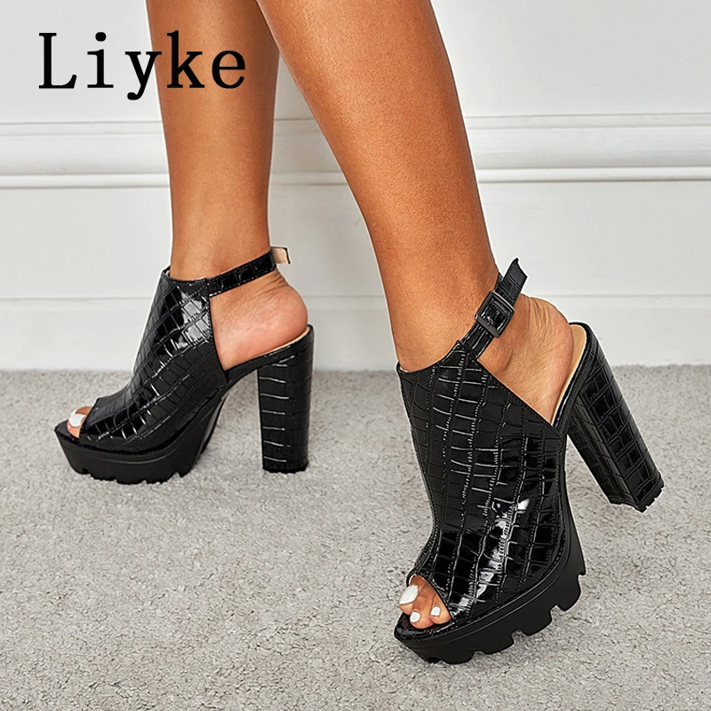 Liyke Summer Black Platform Sandals Women Gladiator Square High Heels
