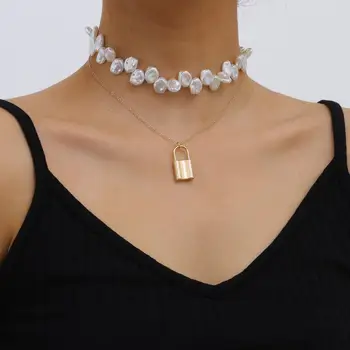 

KMVEXO Vintage Irregular Pearl Choker Necklace 2020 Lady Fashion Lock Pendant Baroque Pearl Gothic Jewelry Necklaces for Women