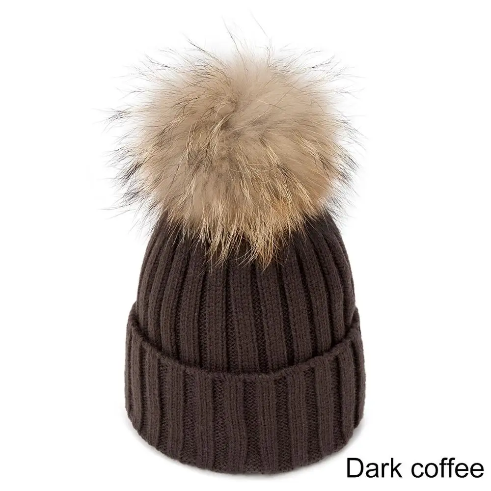 Dark coffee Помпоны, меховые вязаные зимние шапки для женщин, помпоны Skullies Beanies, толстые зимние шапки, пушистые женские шапочки, шапки, теплая шапка - Цвет: Dark coffee