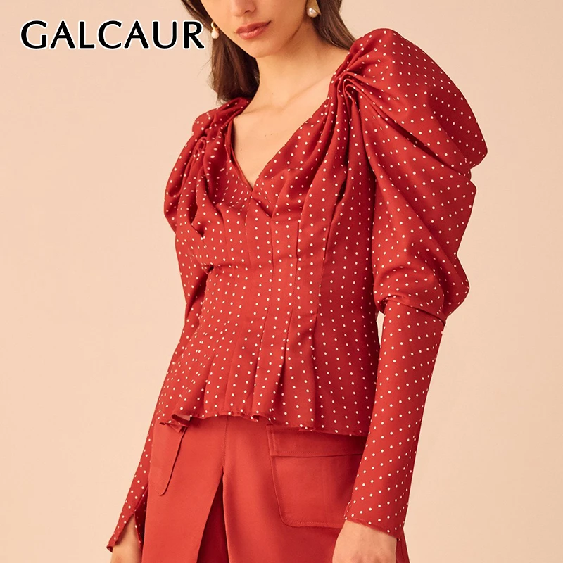 GALCAUR Корейская популярная цветная футболка в горошек Женская пышная рубашка со