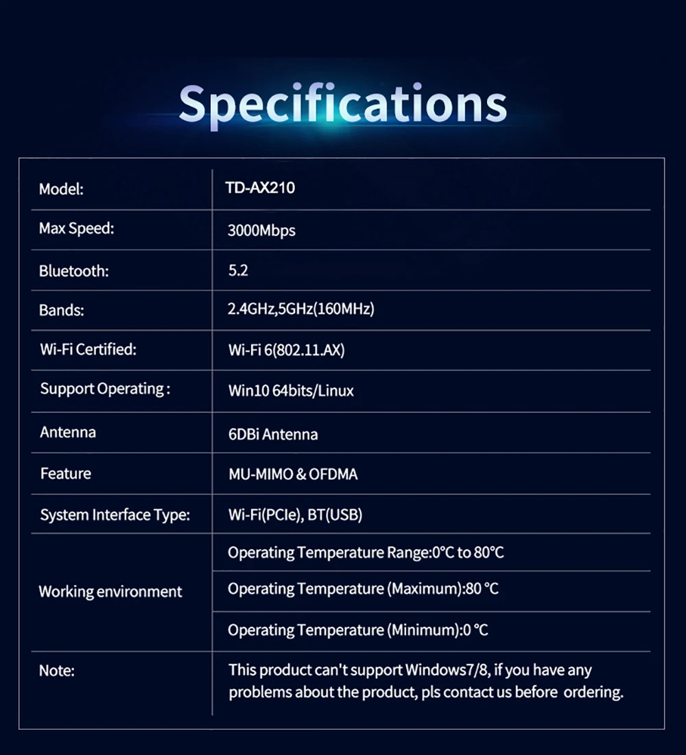 Desktop Wi-Fi 6 Intel AX210 PCIe WiFi Adapter Bluetooth 5.2 3000Mbps 2.4G 5G 6G 802.11ax AX210NGW Wireless Wifi 6E Card