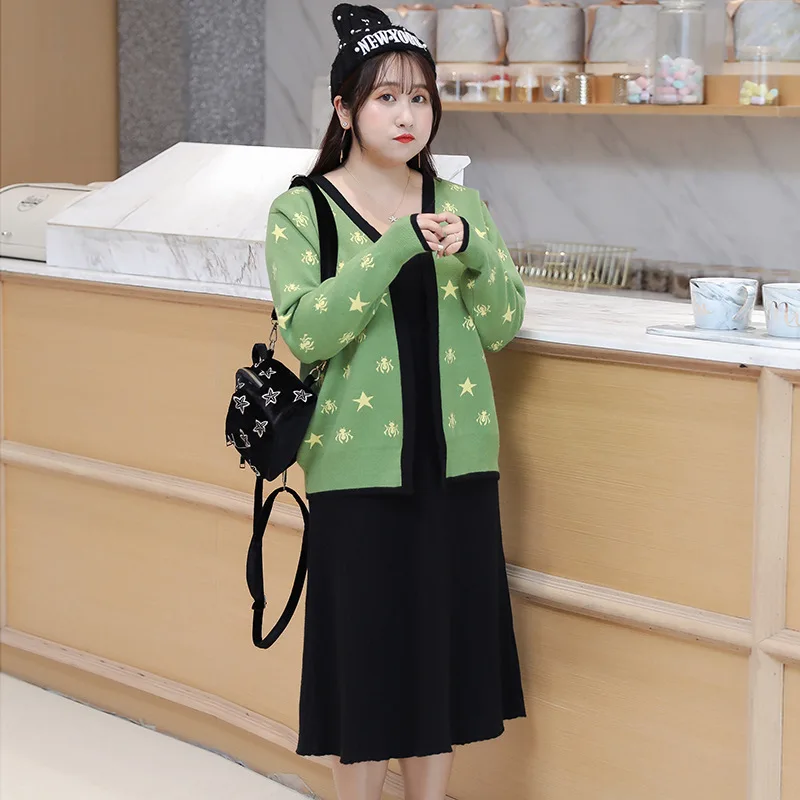 [Xuan chen] Fat Mm Korean-style Elasticity Knit Tank Dress Set Autumn New Style Slimming Western Style Two-Piece Set on Behalf o
