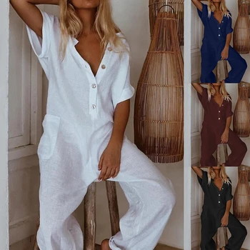

Women Jumpsuit Elegant Button V Neck Cotton Linen Jumpsuits 2020 Summer Printed Short Sleeve Loose Trousers Romper Sexy Bodysuit