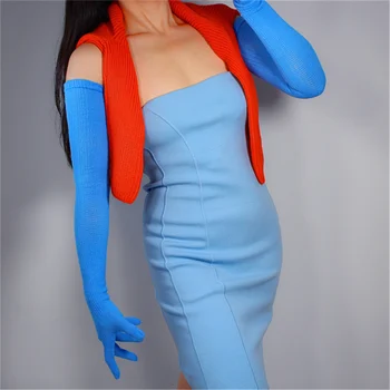 

Women Extra Long Wool Gloves 70cm Knitted Five-Finger High Elastic Wool-Containing School Uniform Warm Sky Blue 3-ZZ70-7
