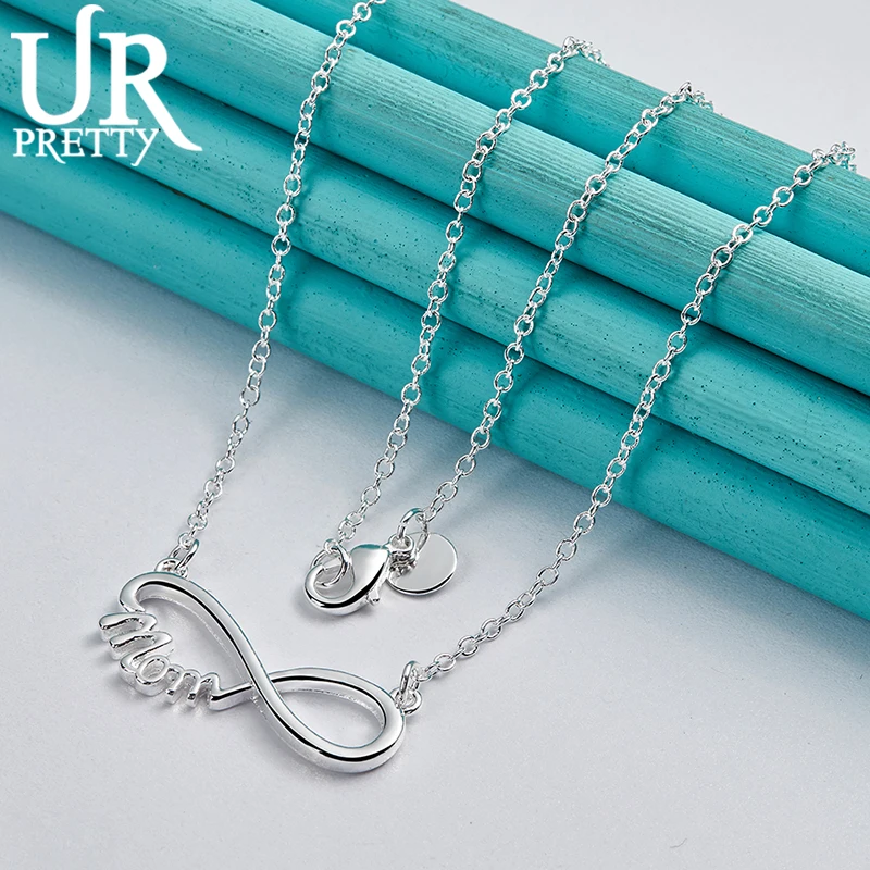 

UPRETTY New 925 Sterling Silver Eight-Character Mom Necklace 18 Inch Chain For Woman Party Wedding Engagement Charm Jewelry Gift
