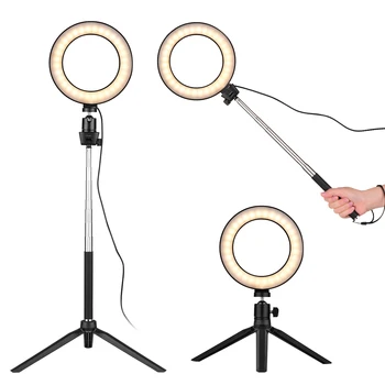 

6 Inch LED Ring Light Mini Photographic Selfie Lamps Dimmable with 3 Lighting Modes Telescopic Stand Desktop Tripod Ballhead