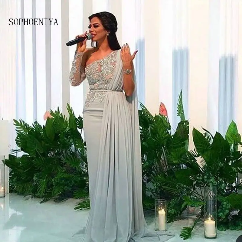 

New Arrival One Shoulder Long Sleeves Chiffon Charming A-line Prom Dress 2019 Party Evening Dress robe de soiree