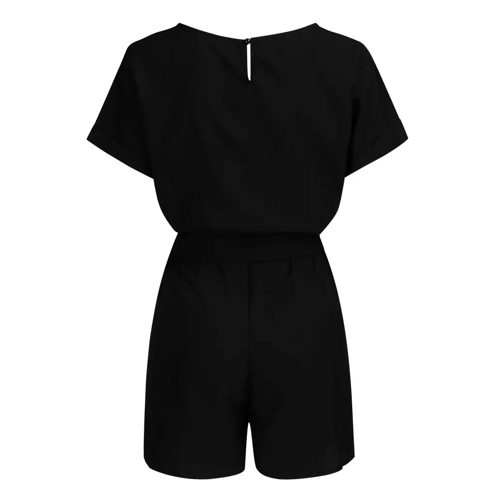 Летние комбинезоны для женщин с коротким рукавом сплошной цвет VogueComfy короткий комбинезон с поясом женский свободный Boho комбинезон
