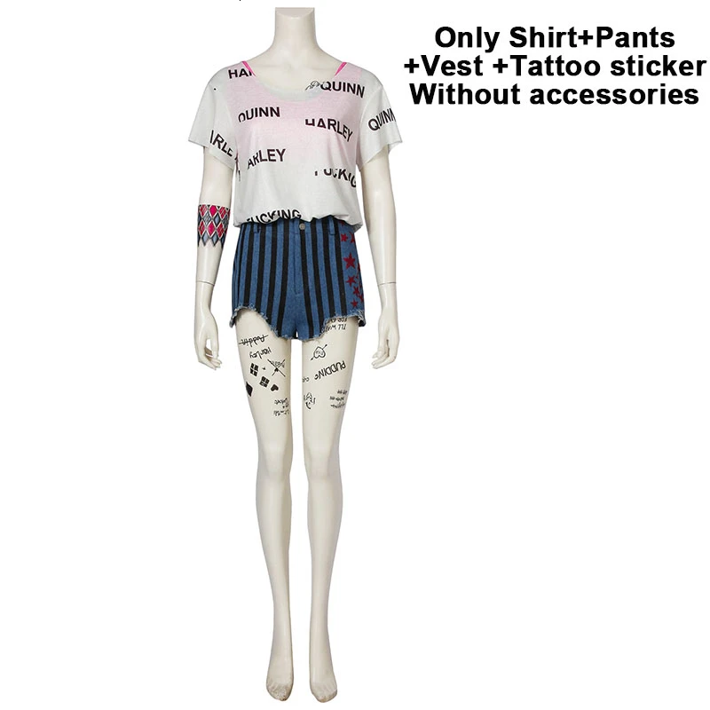 vest shirt pant belt Маскарадный костюм с птицами, отряд самоубийц, Бэтмен, Харли Квинн, Маскарадные костюмы на Хэллоуин для взрослых женщин, сексуальная белая футболка - Цвет: vest shirt pant belt