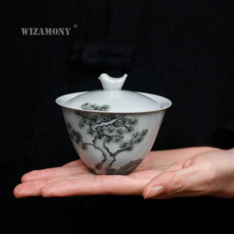 

Wizamony antique green pine cover bowl ceramic Kung Fu hand painted cover cup bottomless hand grasping Bowl pot cover bowl