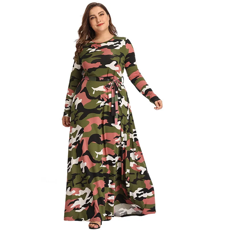 

BKMGC Autumn Winter Women Long Sleeve Casual Military Camouflage Maxi Dresses Fashion Army Green Gray Long Dress Plus Size 4XL