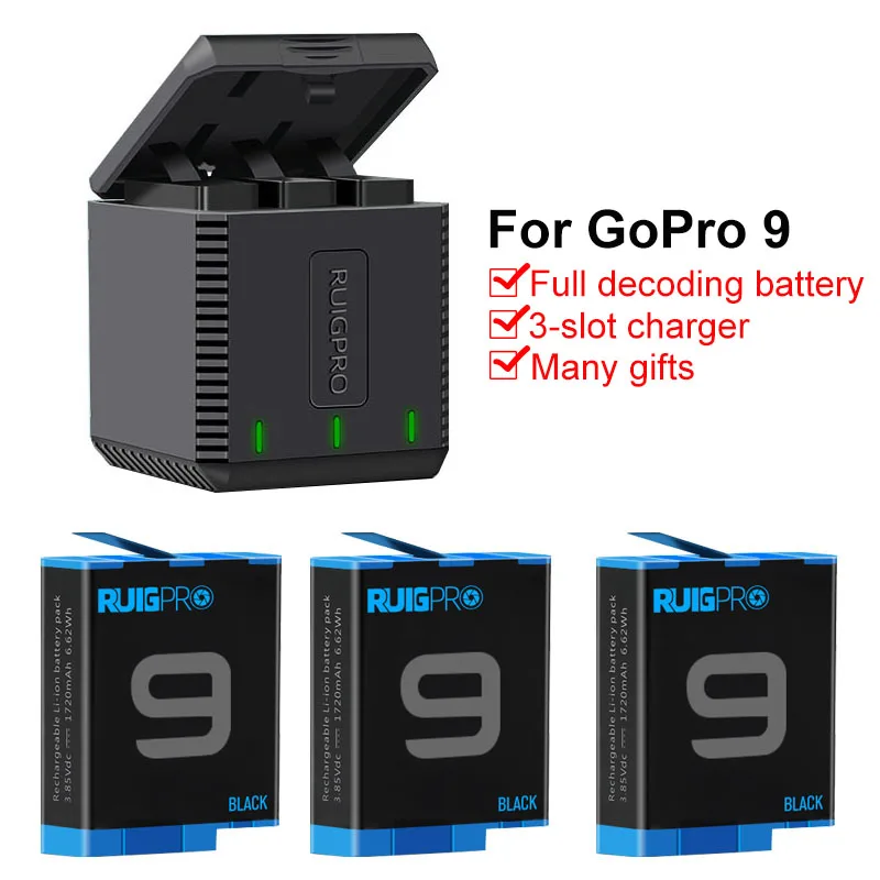 Аккумулятор для go pro hero 9 черный аккумулятор + зарядное устройство с 3 слотами Gopro Черные Аксессуары