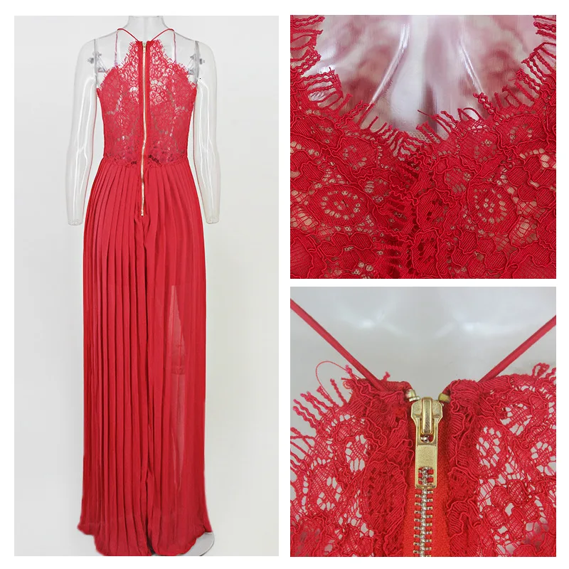Justchicc Плиссированное кружевное Макси платье женское белое красное Элегантное Длинное Платье с вырезом на шее пикантное платье с разрезом Лето vestidos