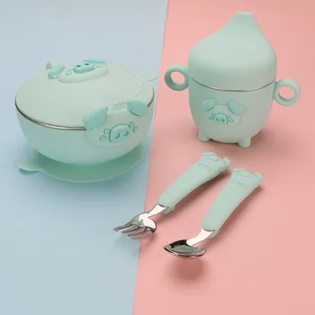 

2Colors Cutlery Set Stainless Steel Spoon Fork Bowl Cup Dinnerware Sets Silicone Anti-scald Anti-skid Cartoon Gift Tableware