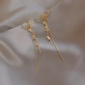 

DI-222 Korea Trendy Zircon Bow Tassel Earrings for Women Temperament Elegant Hypoallergenic Statement Earrings Jewelry