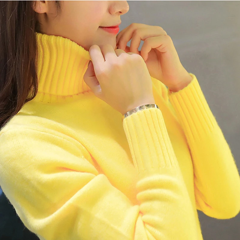 

2019 New Autumn winter Women Knitted Sweaters Pullovers Turtleneck Long Sleeve Solid Color Slim Elastic Short Sweater Women