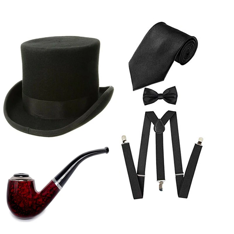 

1920s Men Accessory Set Gentleman's Pipe Manhattan Hat Y-Back Suspenders Pre Tied Bow Tie Gangster Theme Party for Halloween