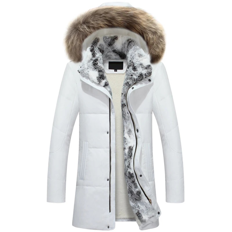 Зимняя мужская куртка, хлопковое пальто, парка, мужская куртка, утолщенная, теплая, кроличий мех, воротник, мех енота, с капюшоном, Размер 4XL, Рождественские предложения - Цвет: White Artificial fur