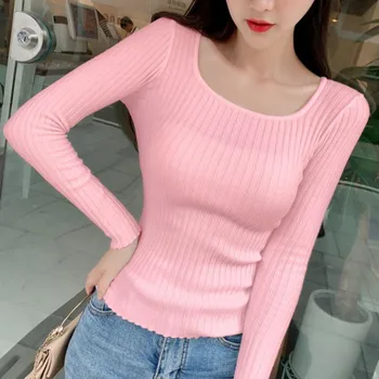 

Women Knit Bottoming Sweaters Retro Square Collar Long-sleeved Knit Tops Autumn Casual Sweaters