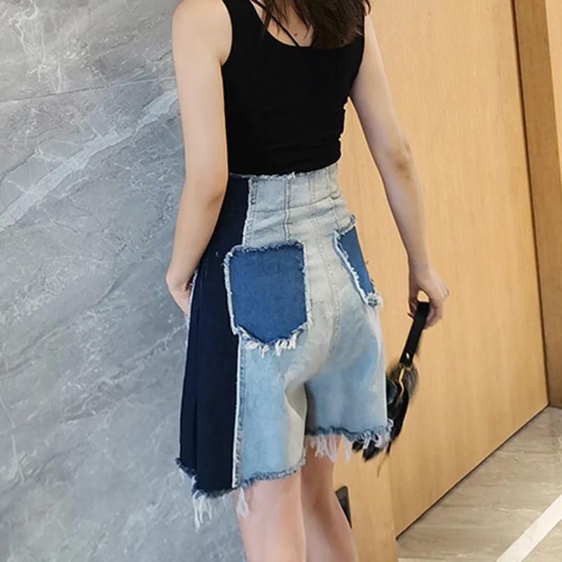 GALCAUR Patchwork Hit Color Tassel Wide Leg Shorts For Women High Waist Pocket Denim Shorts Female 2020 Summer Fashion New Tide