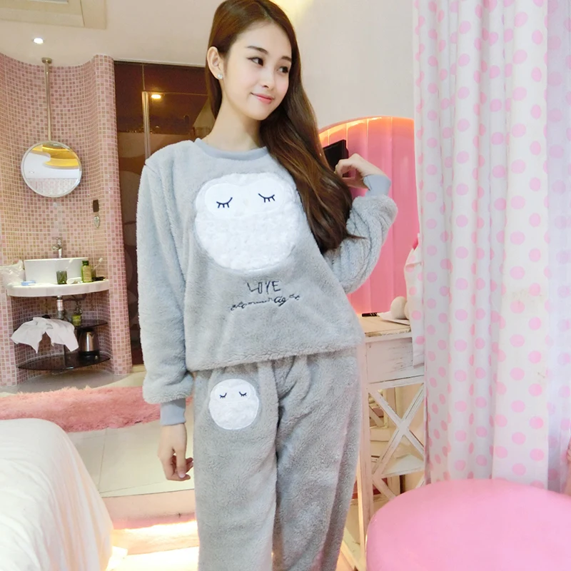Sleepwear women winter Pajama Sets for Female Soft Thick Cute Cartoon Flannel Sleepwear Tops+Warm Pants Home Clothes Mujer 2pcs