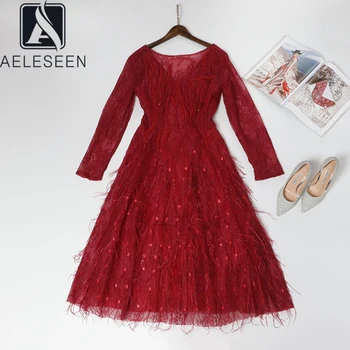 

AELESEEN 2020 New Retro High Class Party A-Line Dresses Women Luxury Beading & Feather Sexy Open Back Elagant Lace Midi Dress