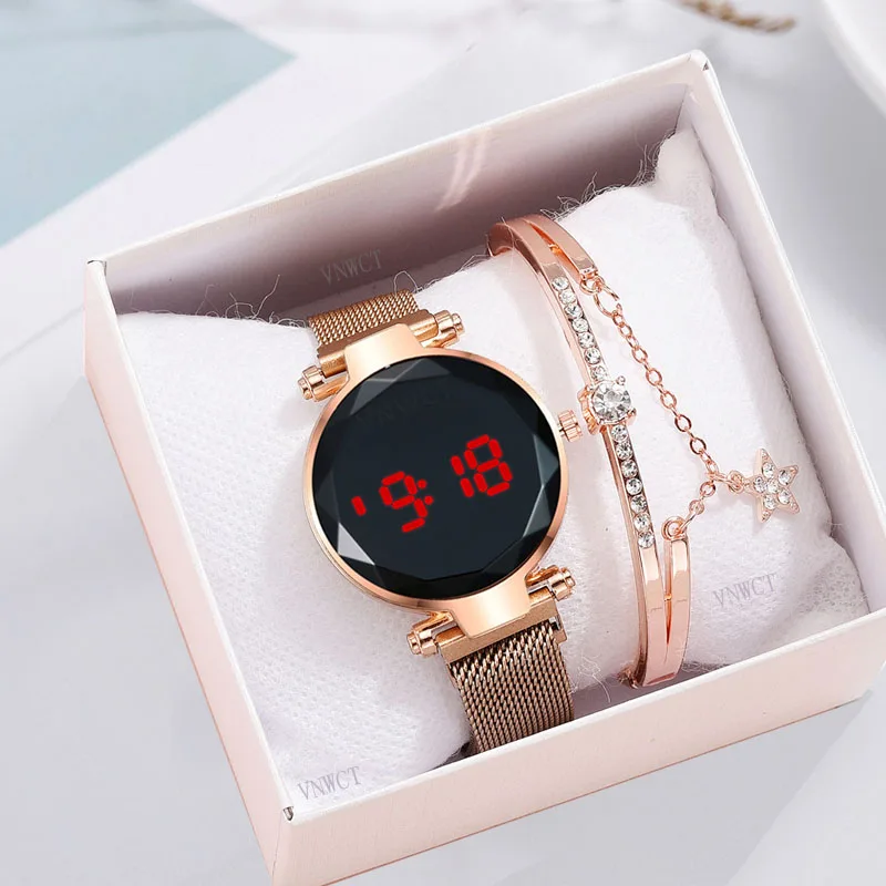 Women Watches LED Watch Magnetic Bracelet Watches Rose Gold Digital Dress Watch Quartz Wristwatch