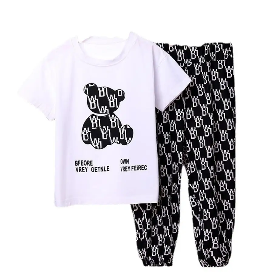Kids Clothing Set Girls Boys Short Sleeves Love Bear Letter T-Shirt + Pants Baby Two-Piece Summer Fashion Korean Version Sportswear