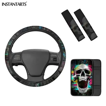 

INSTANTARTS Easy Clean Steering Wheel Cover 3D Gothic Sugar Skull Pattern Soft Car Center Cover Car Seat Belts Set 4pcs Set Gift