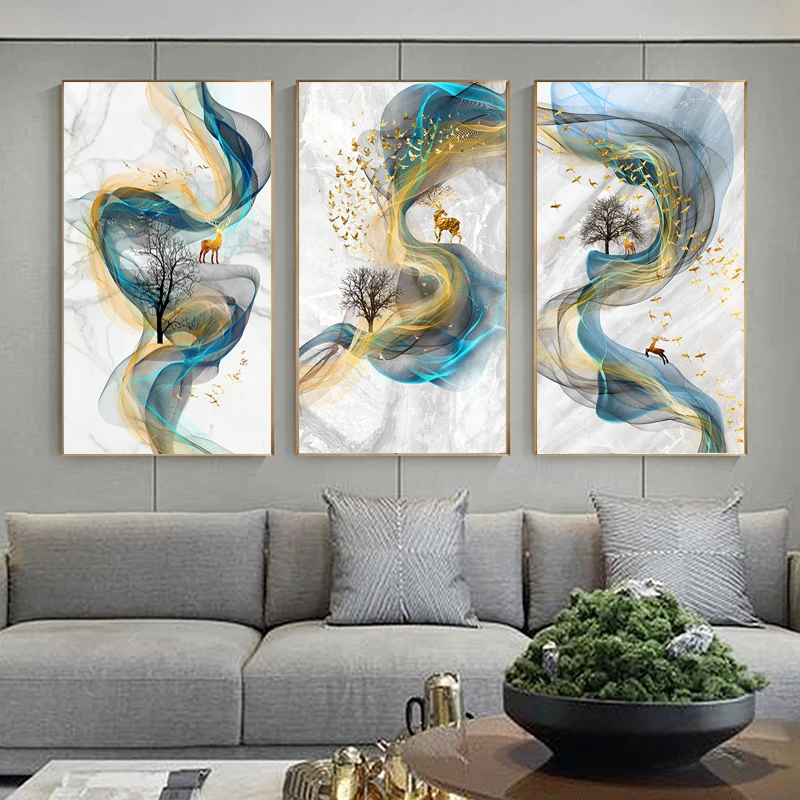 

Abstract Golden Deer Painting Big Size Poster Blue Print Gold Wall Art Picture for Living Room Modern Canvas Art Home Decor